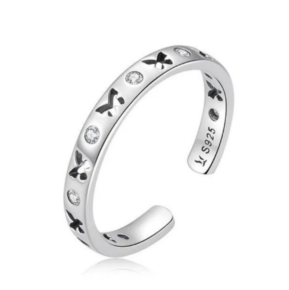 Butterfly Imprinted 925 Sterling Silver Handmade Adjustable Open Finger Ring
